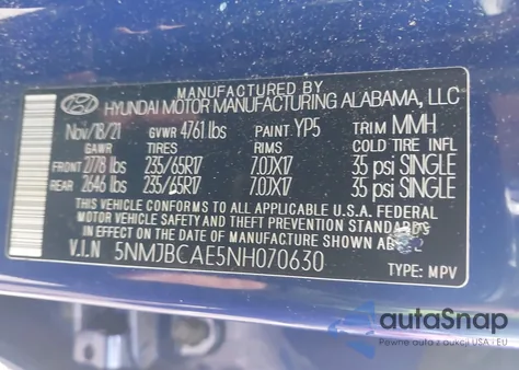 2022 Hyundai Tucson Sel z USA, uszkodzony, nr VIN 5NMJBCAE5NH070630